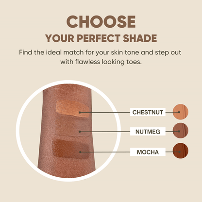 Toe Corn Concealer shade guide featuring Chestnut, Nutmeg, and Mocha tones on a forearm. Find the perfect match for flawless toe coverage.